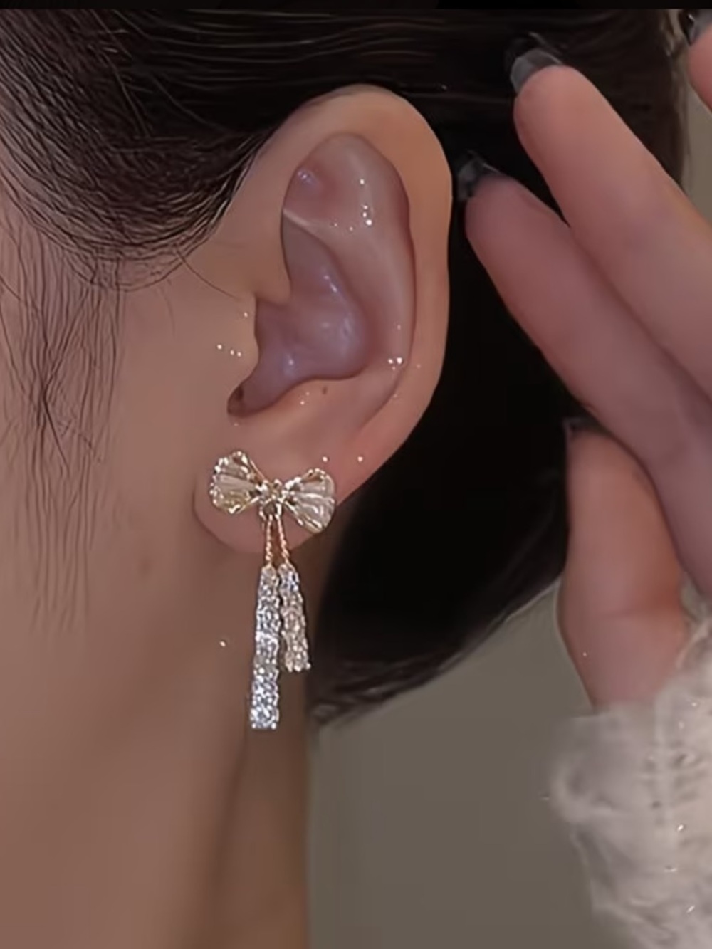 Gold Bow Drop Earrings with Crystal Tassels - Elegant Women's Jewelry New